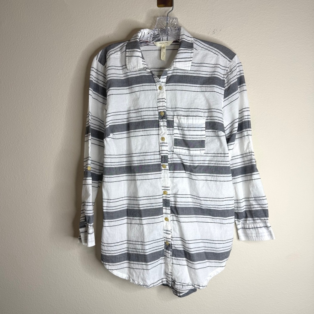Matilda Jane Button Down Women XS Joanna Gaines Striped Grey White Long Sleeve